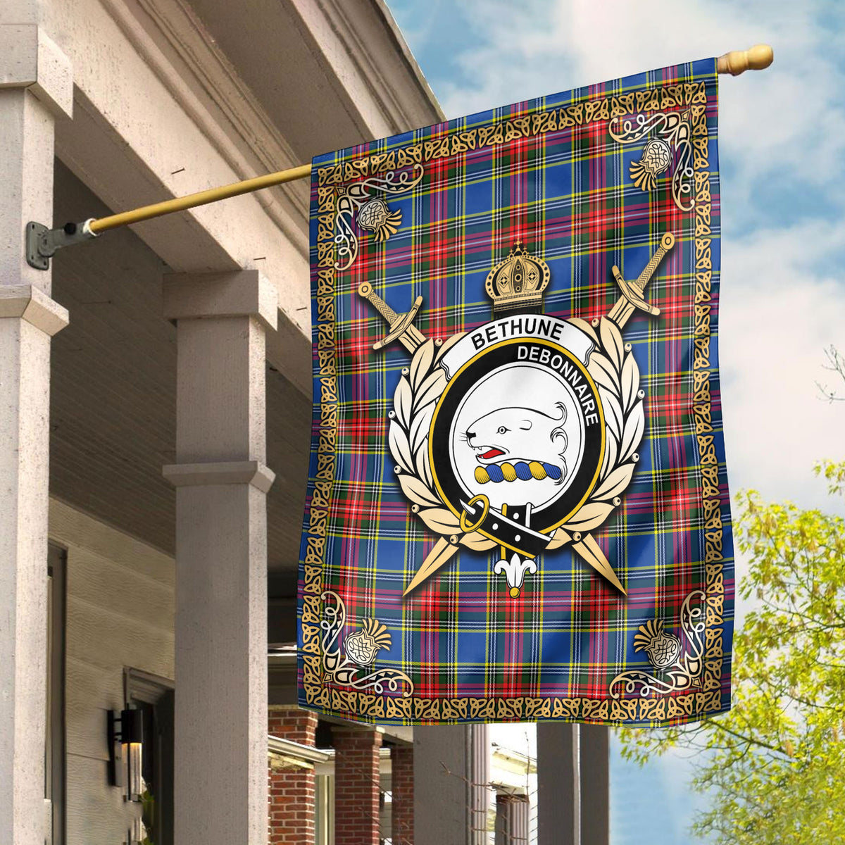 Bethune Modern Tartan Crest Garden Flag - Celtic Thistle Style