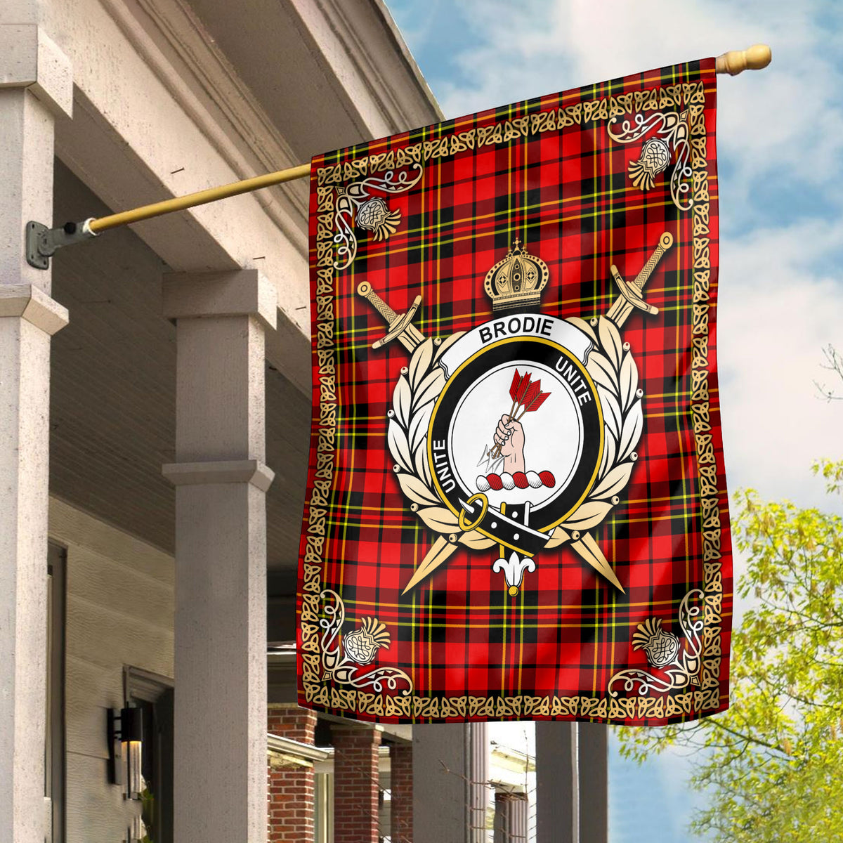 Brodie Modern Tartan Crest Garden Flag - Celtic Thistle Style