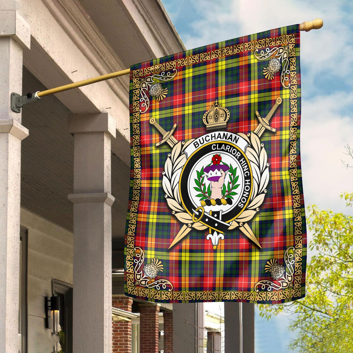 Buchanan Modern Tartan Crest Garden Flag - Celtic Thistle Style