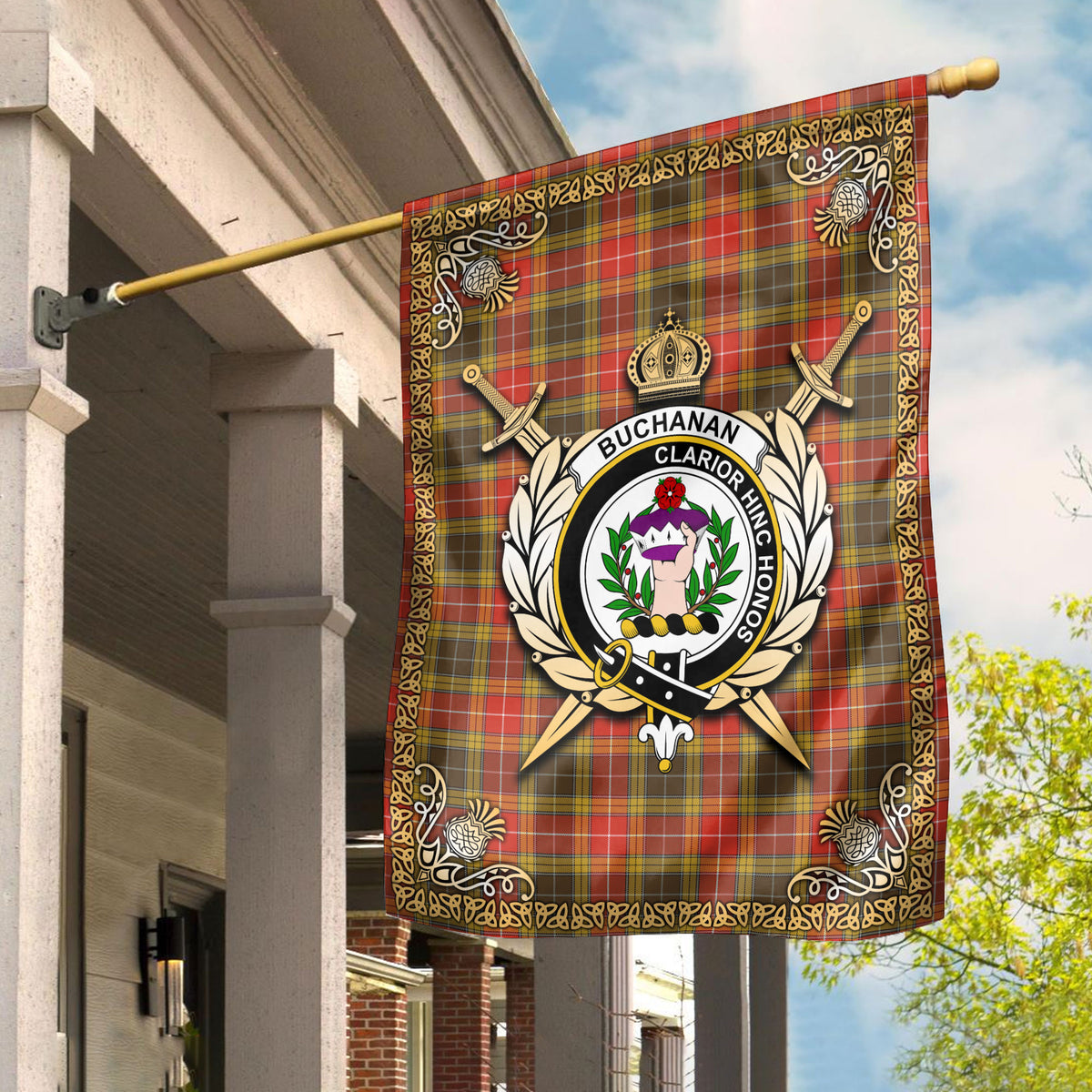 Buchanan Old Set Weathered Tartan Crest Garden Flag - Celtic Thistle Style