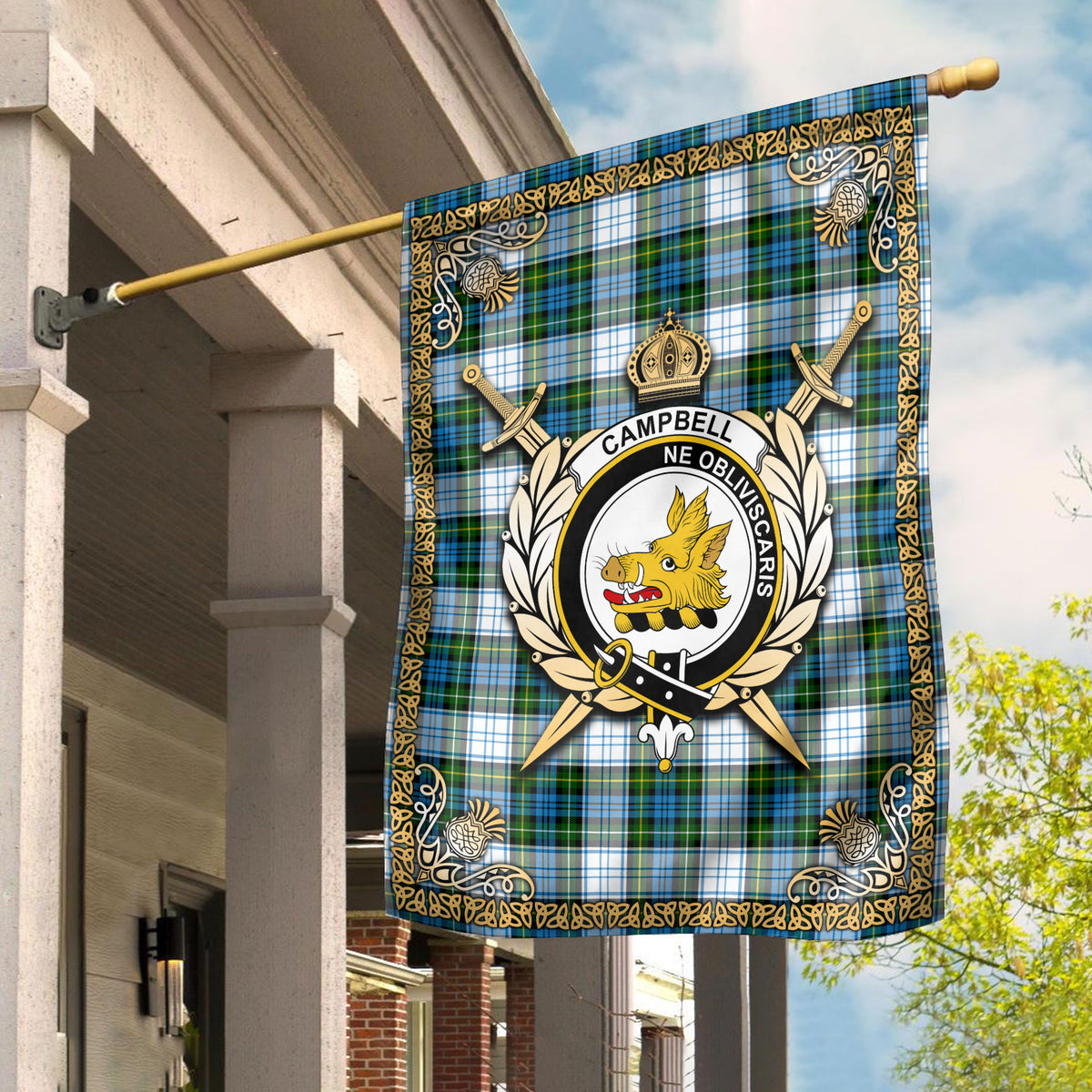 Campbell Dress Tartan Crest Garden Flag - Celtic Thistle Style