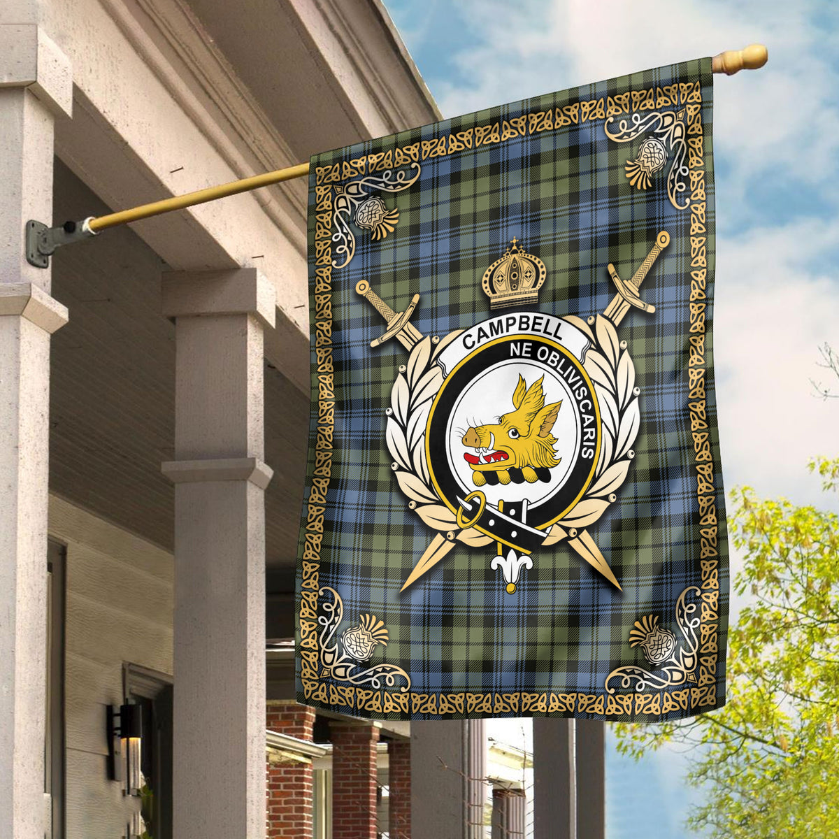 Campbell Faded Tartan Crest Garden Flag - Celtic Thistle Style