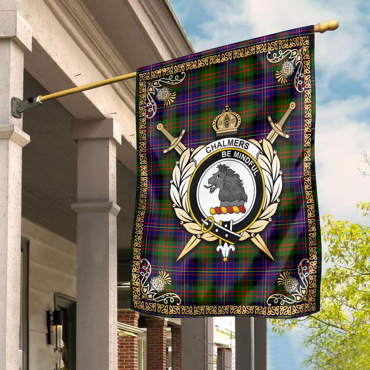 Chalmers Tartan Crest Garden Flag - Celtic Thistle Style