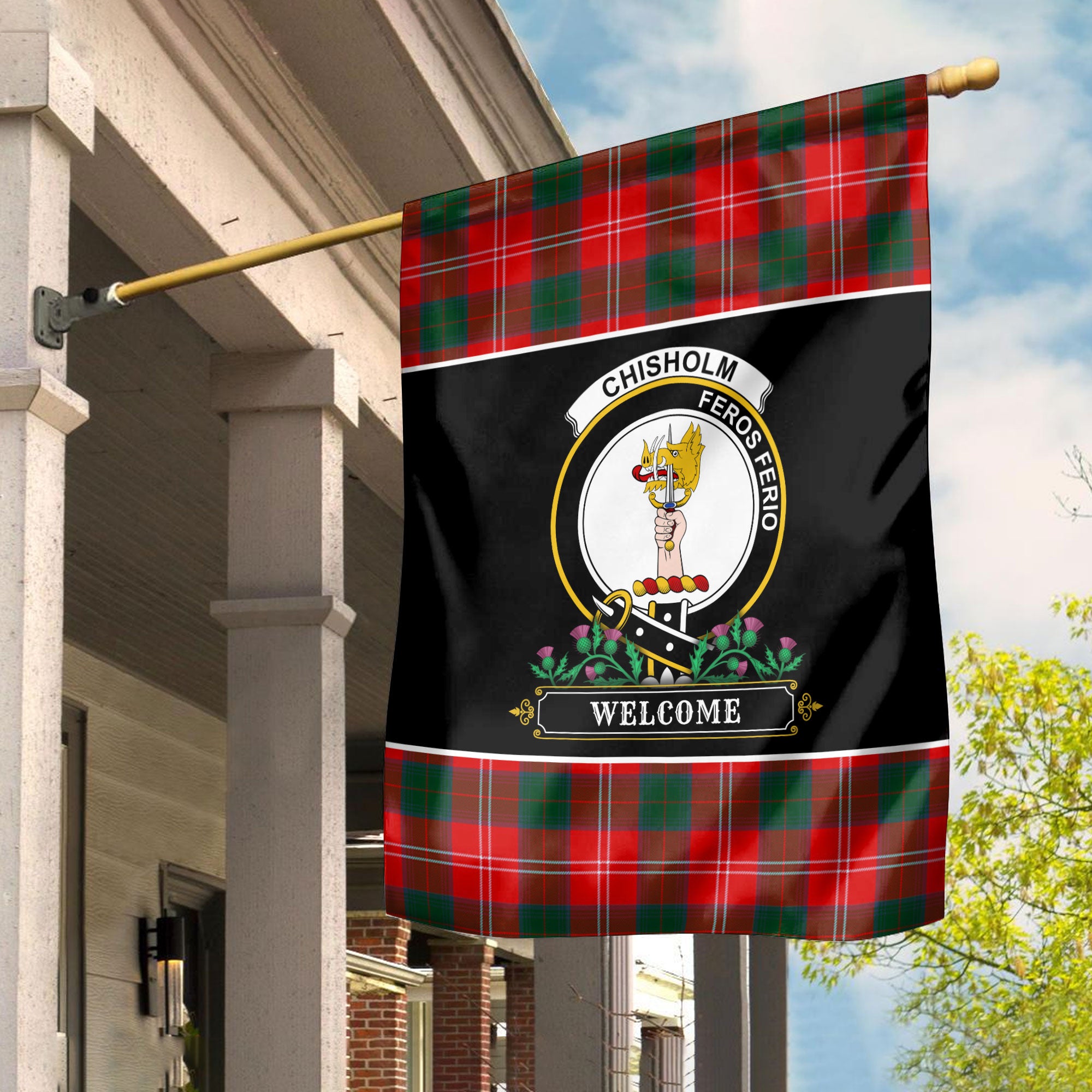 Chisholm Modern Tartan Crest Garden Flag - Welcome Style