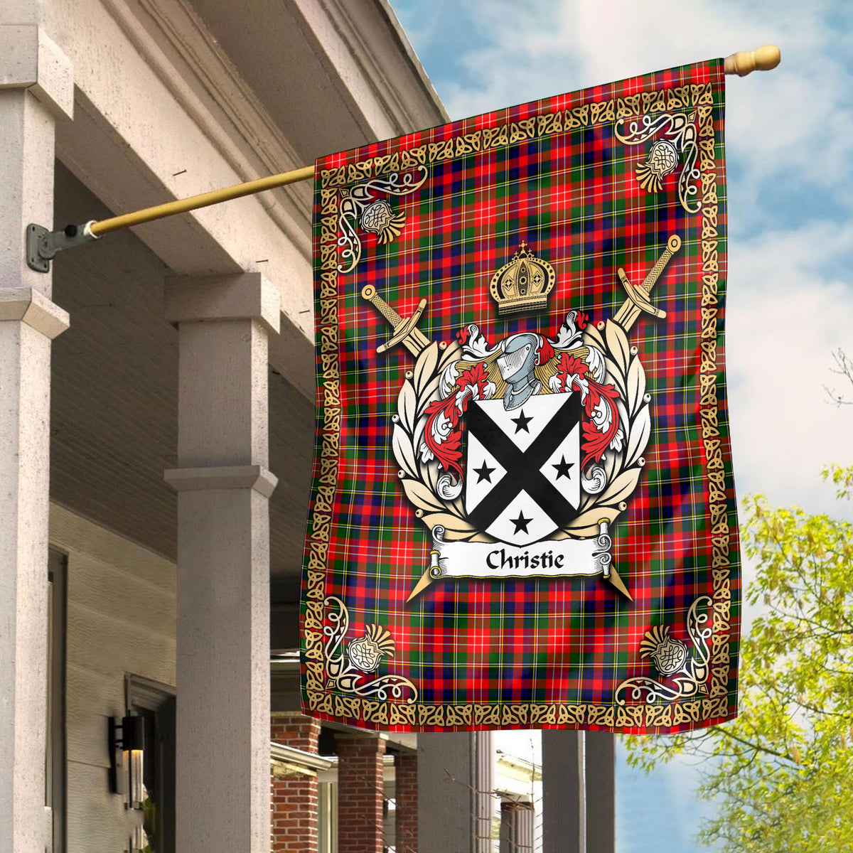 Christie Tartan Crest Garden Flag - Celtic Thistle Style