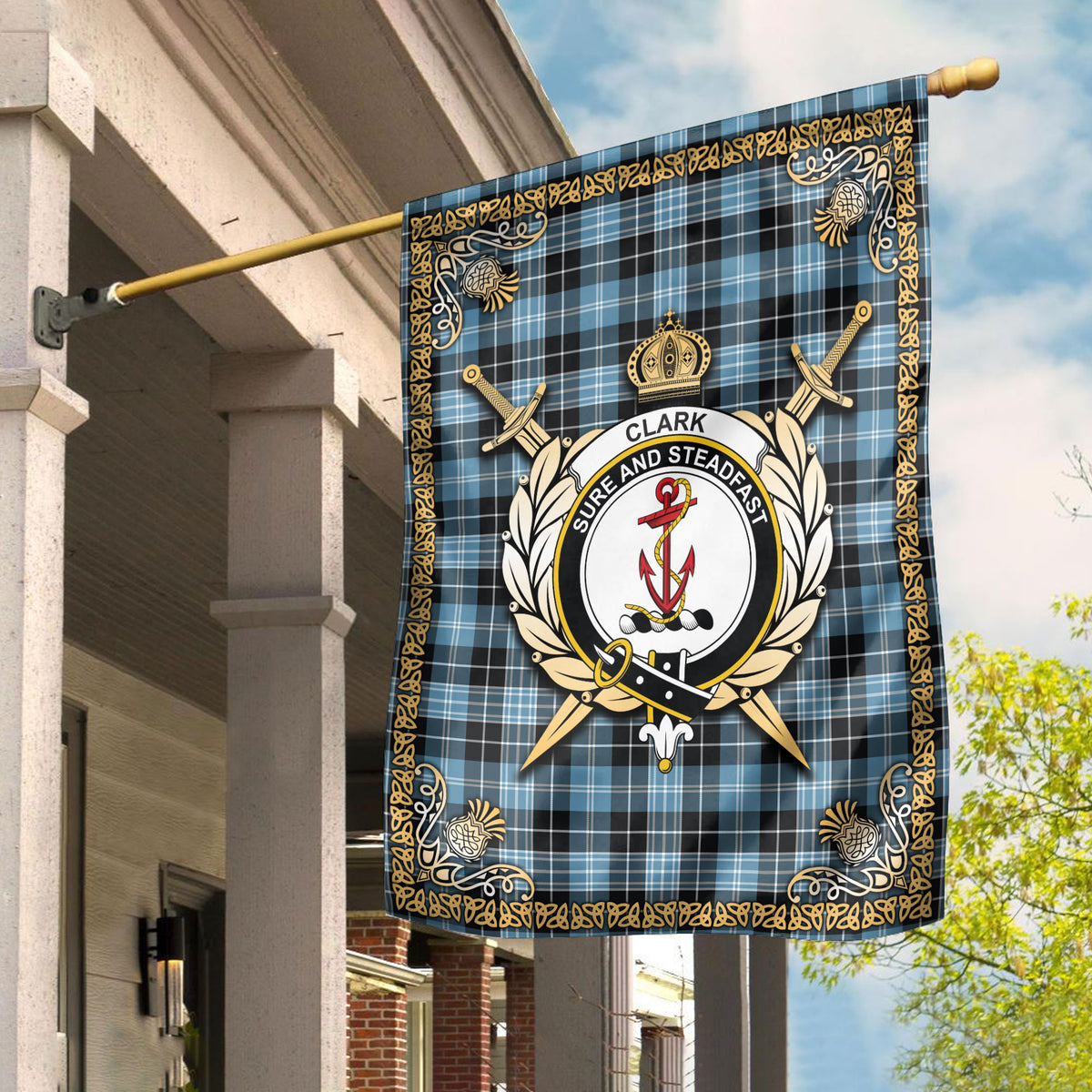 Clark Ancient Tartan Crest Garden Flag - Celtic Thistle Style