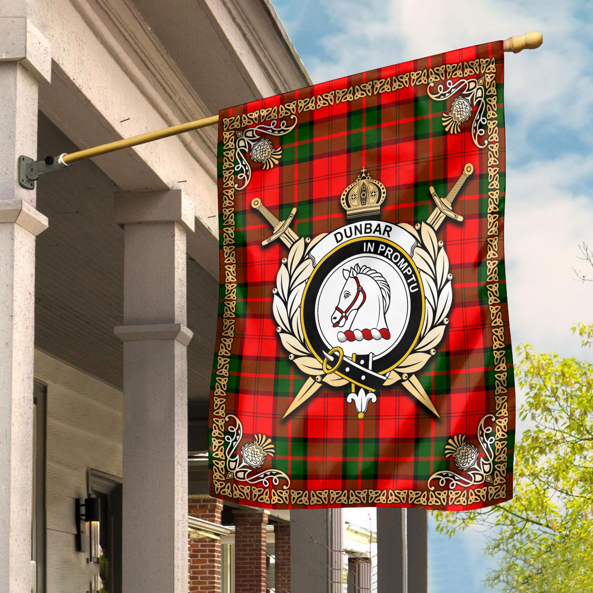 Dunbar Modern Tartan Crest Garden Flag - Celtic Thistle Style