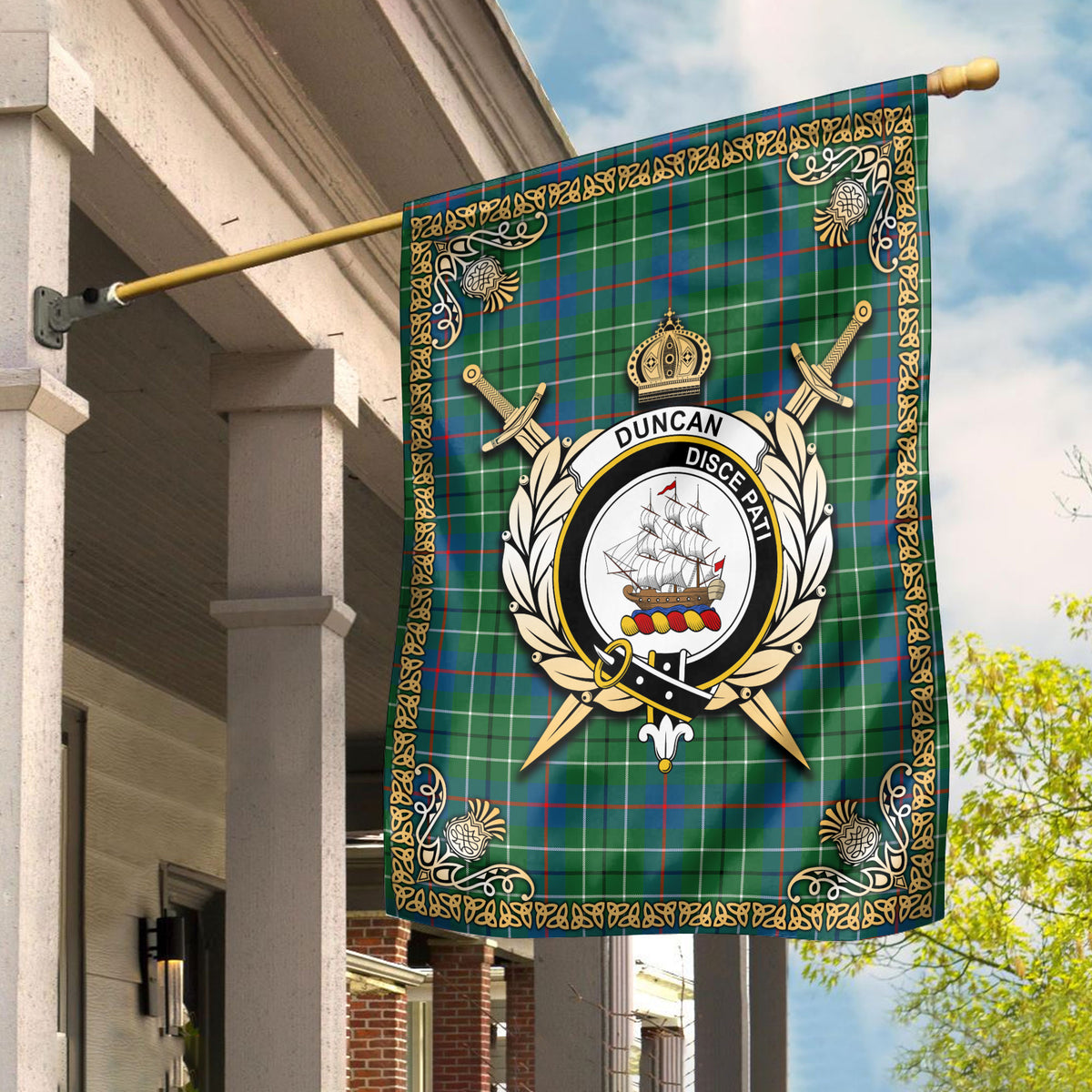 Duncan Ancient Tartan Crest Garden Flag - Celtic Thistle Style