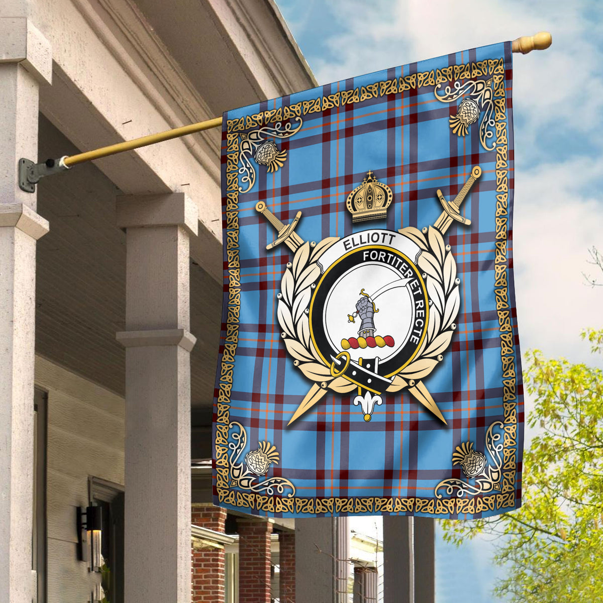 Elliott Ancient Tartan Crest Garden Flag - Celtic Thistle Style