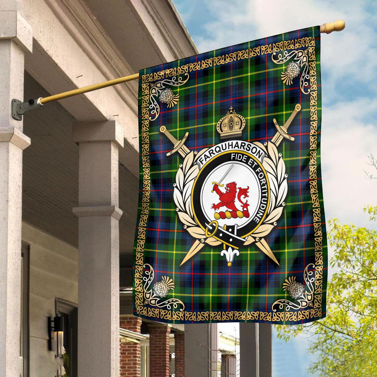 Farquharson Modern Tartan Crest Garden Flag - Celtic Thistle Style