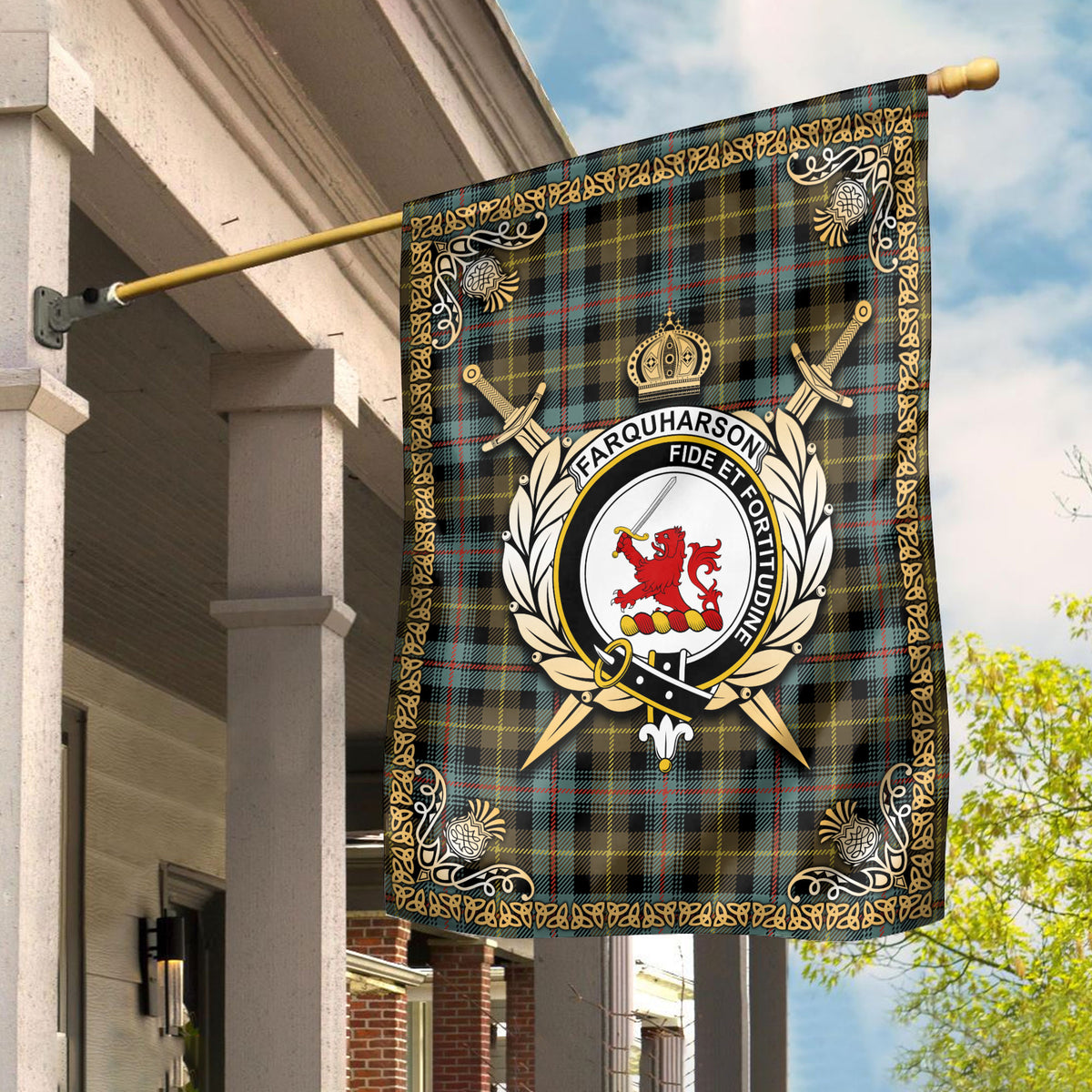 Farquharson Weathered Tartan Crest Garden Flag - Celtic Thistle Style