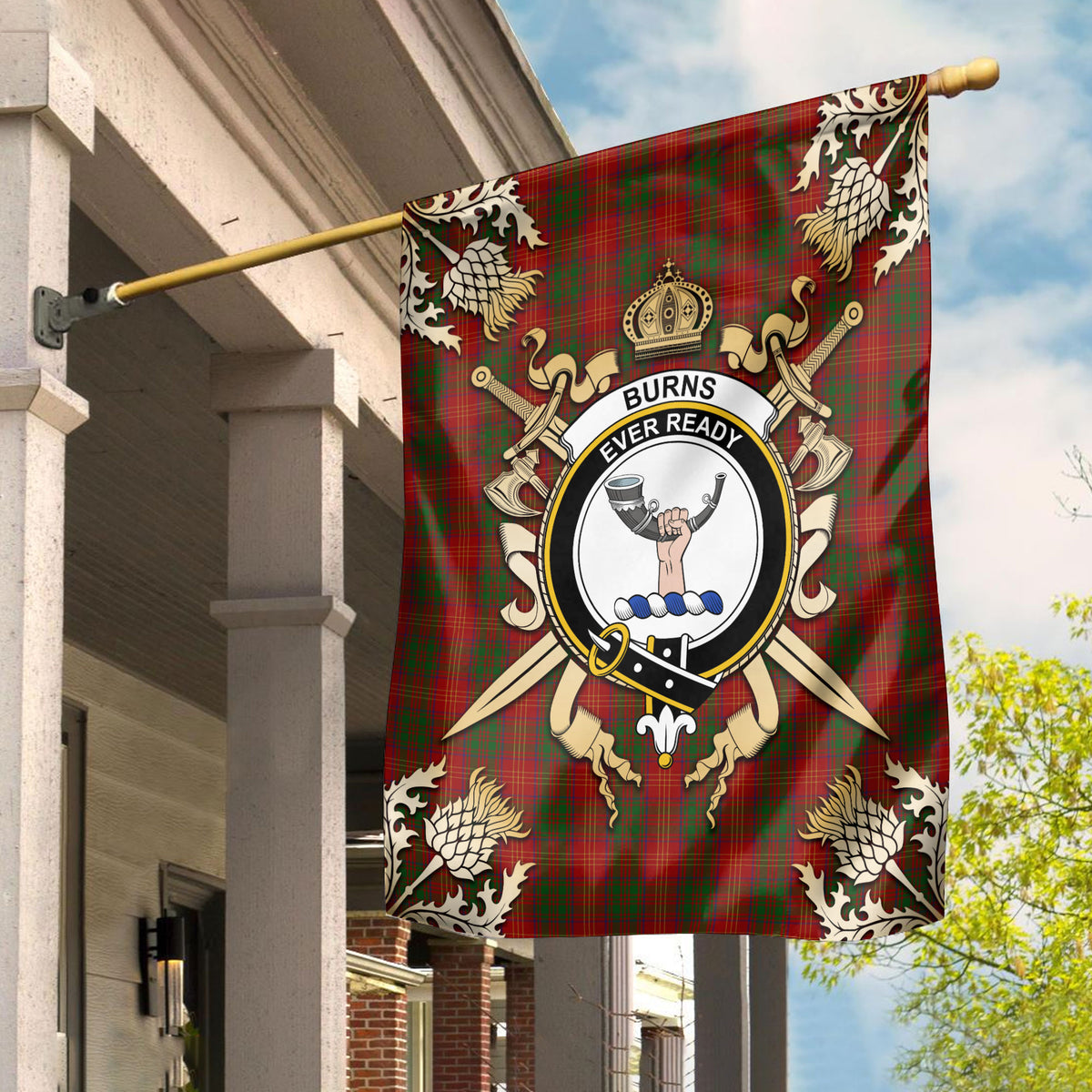 Burns Tartan Crest Black Garden Flag - Gold Thistle Style