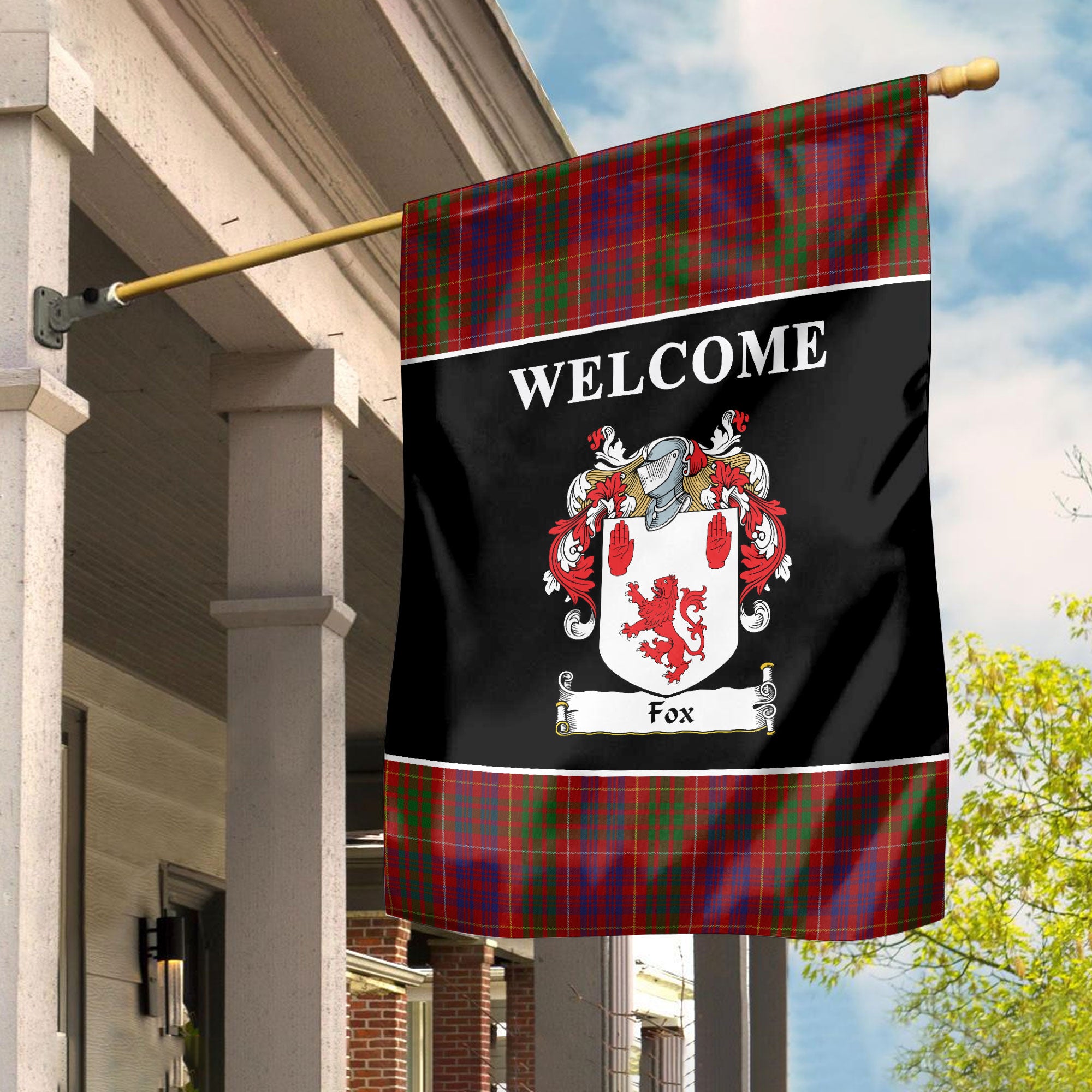 Fox Red Tartan Crest Black Garden Flag