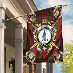 Geddes Tartan Crest Black Garden Flag - Gold Thistle Style