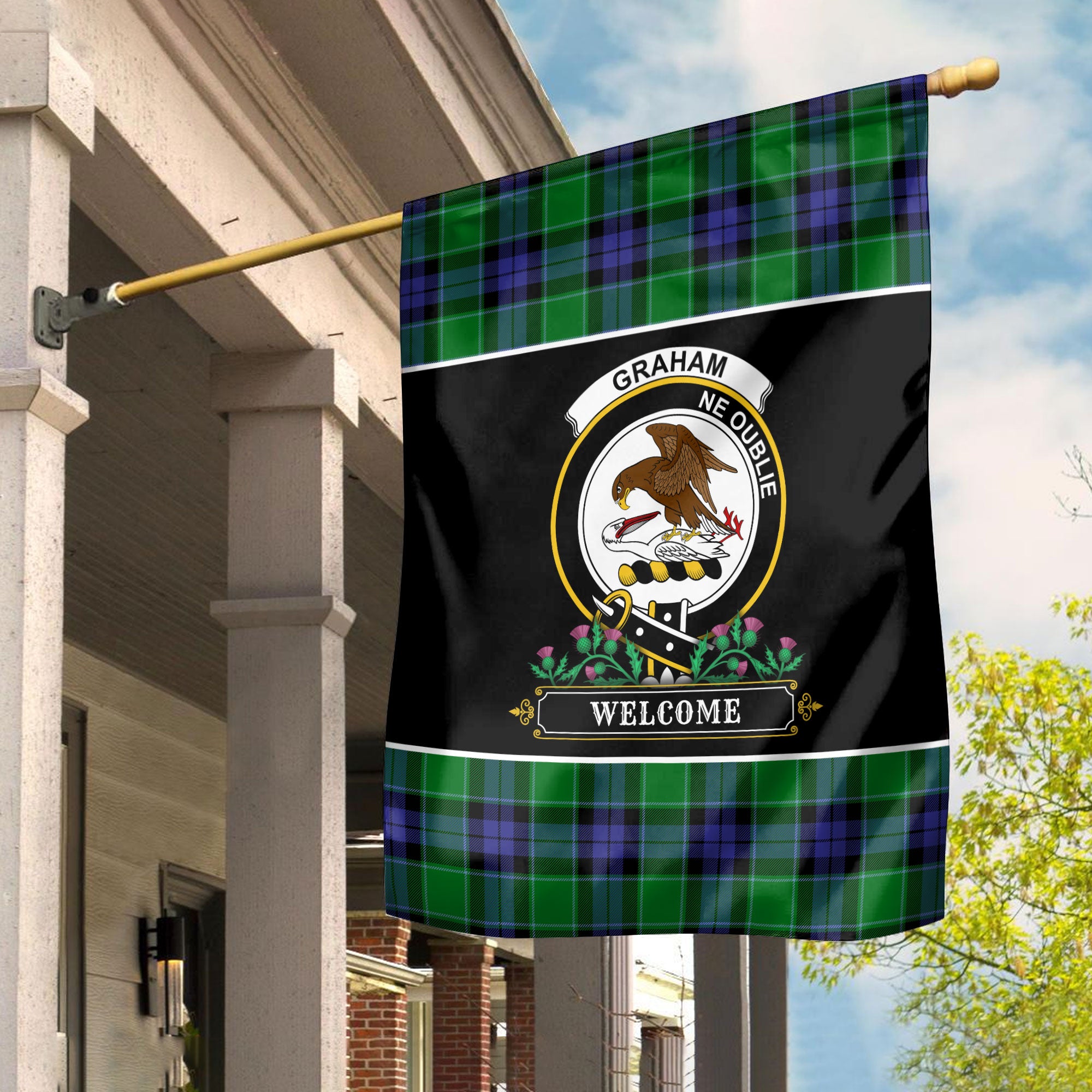 Graham of Menteith Modern Tartan Crest Garden Flag - Welcome Style