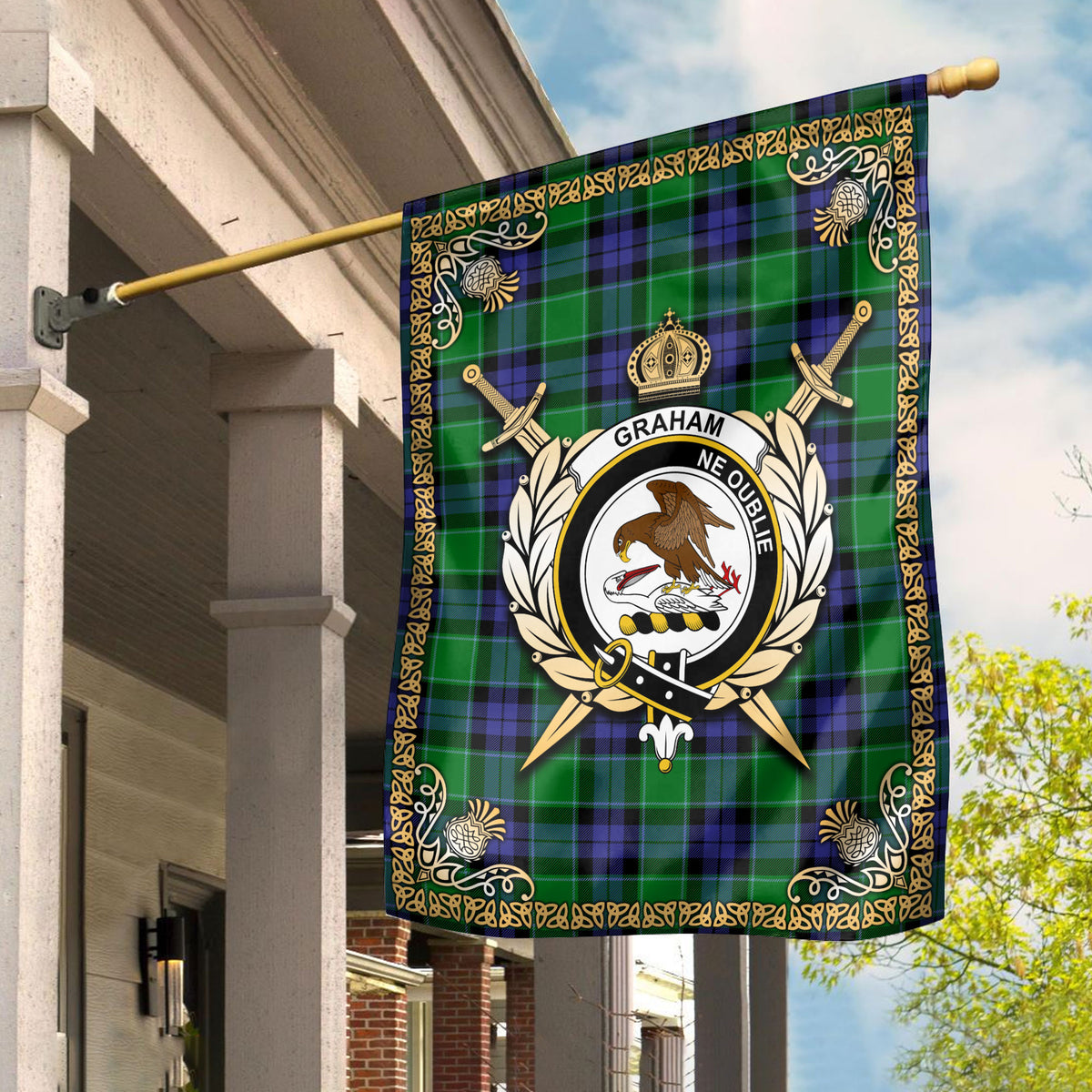 Graham of Menteith Modern Tartan Crest Garden Flag - Celtic Thistle Style