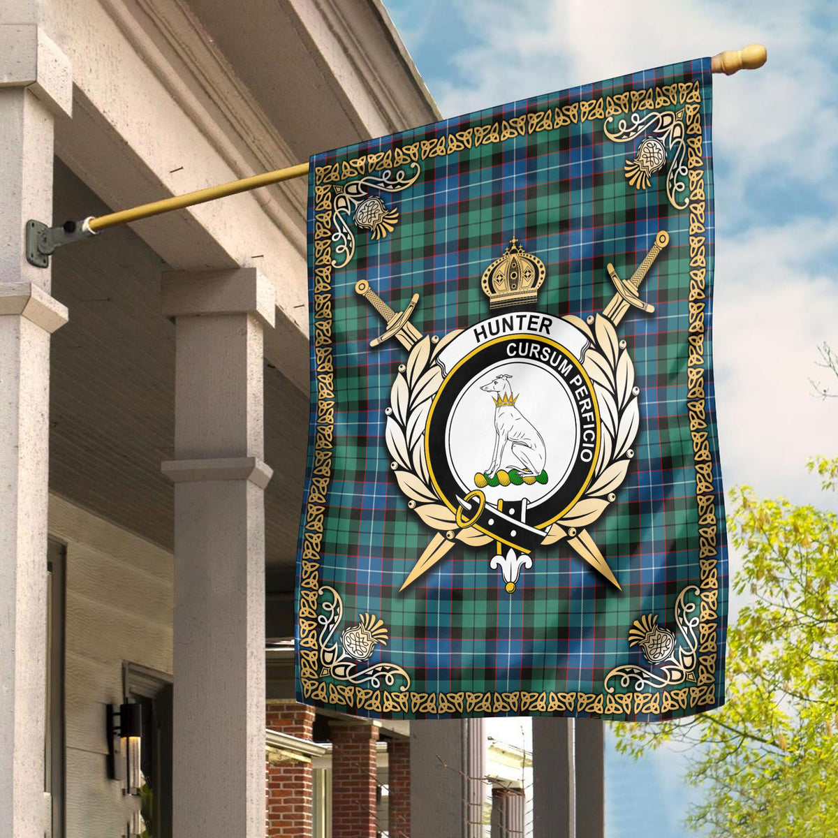 Hunter Ancient Tartan Crest Garden Flag - Celtic Thistle Style