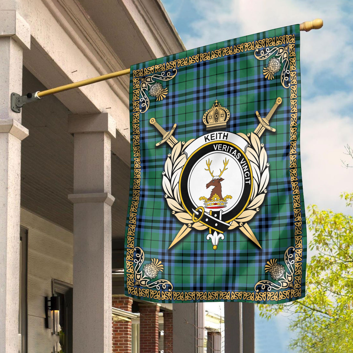 Keith Ancient Tartan Crest Garden Flag - Celtic Thistle Style