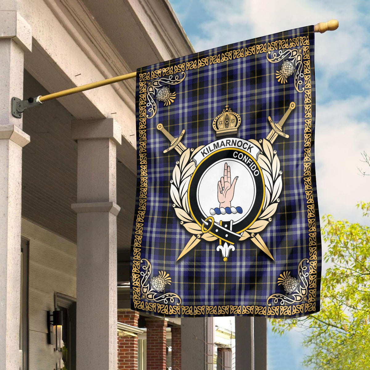 Kilmarnock Tartan Crest Garden Flag - Celtic Thistle Style