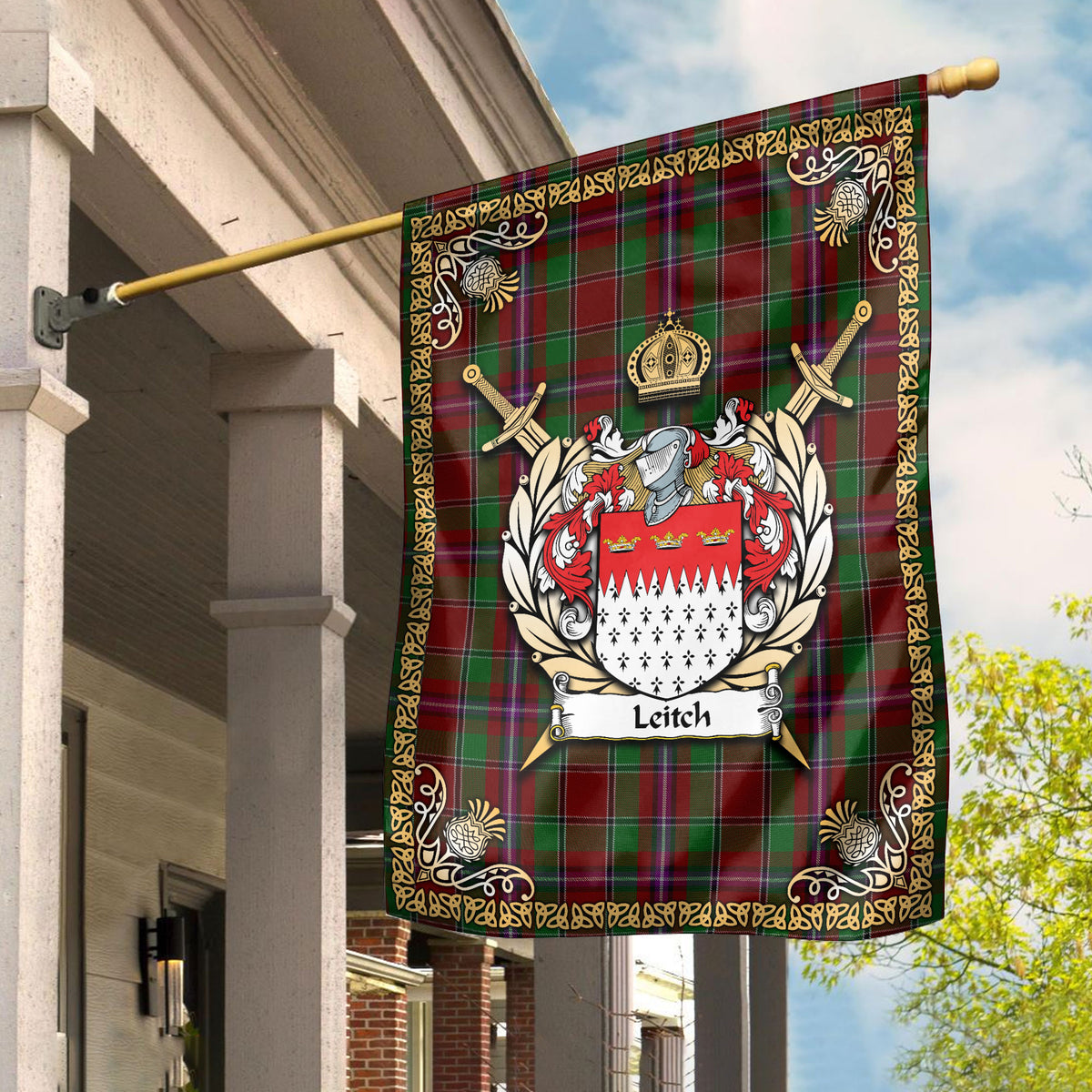 Leitch Tartan Crest Garden Flag - Celtic Thistle Style