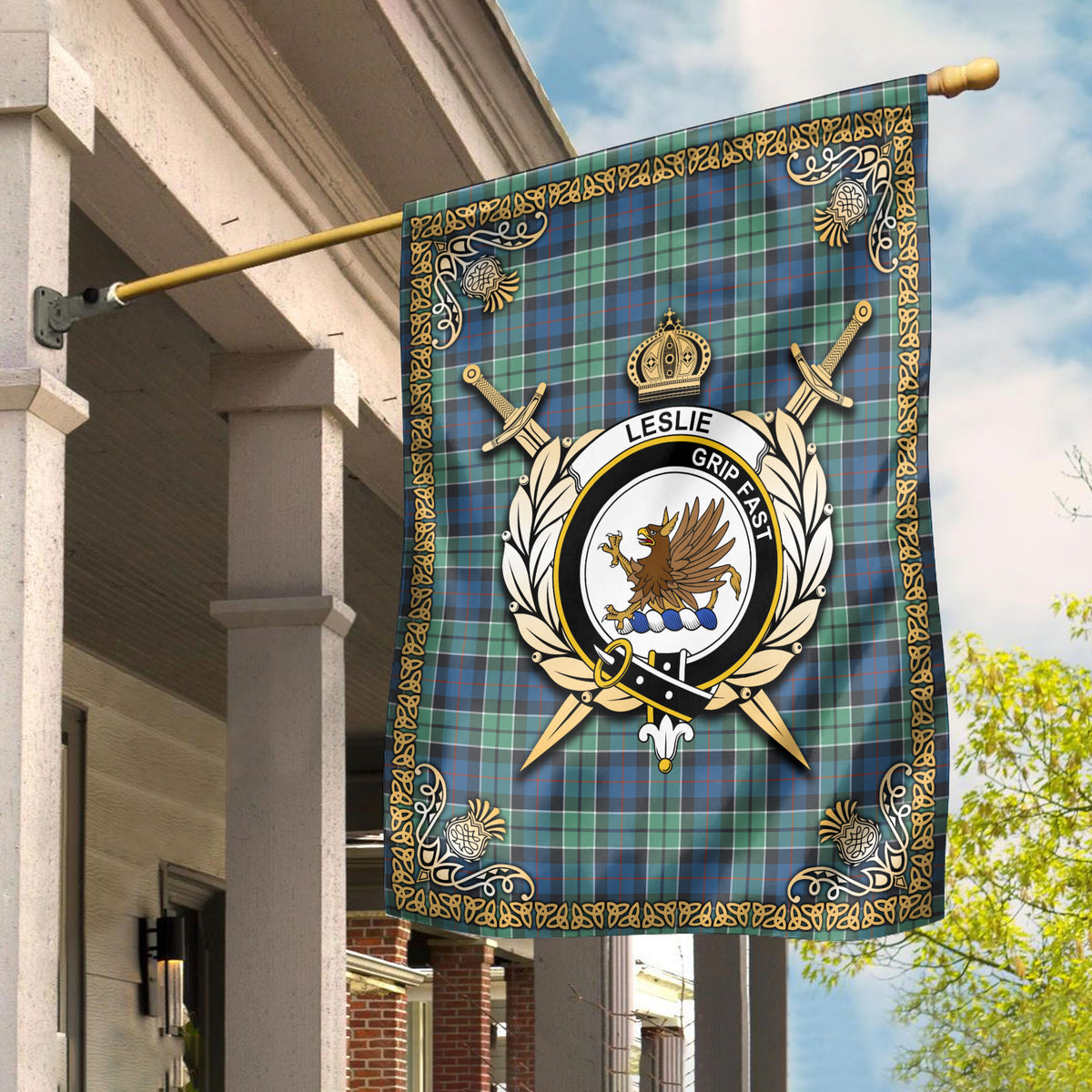 Leslie Hunting Ancient Tartan Crest Garden Flag - Celtic Thistle Style