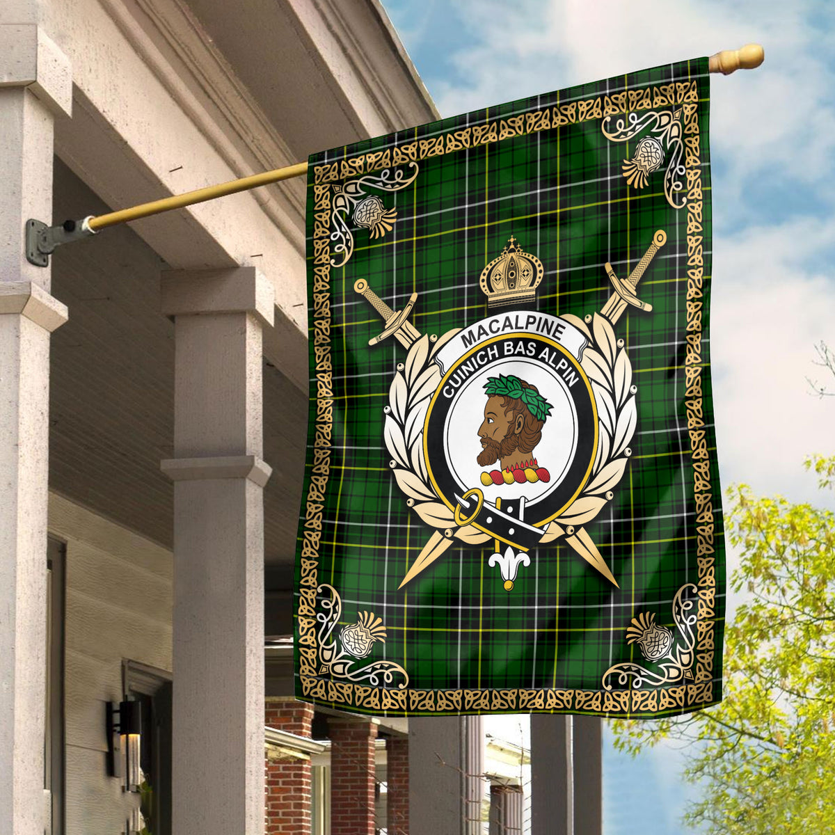 MacAlpine Modern Tartan Crest Garden Flag - Celtic Thistle Style