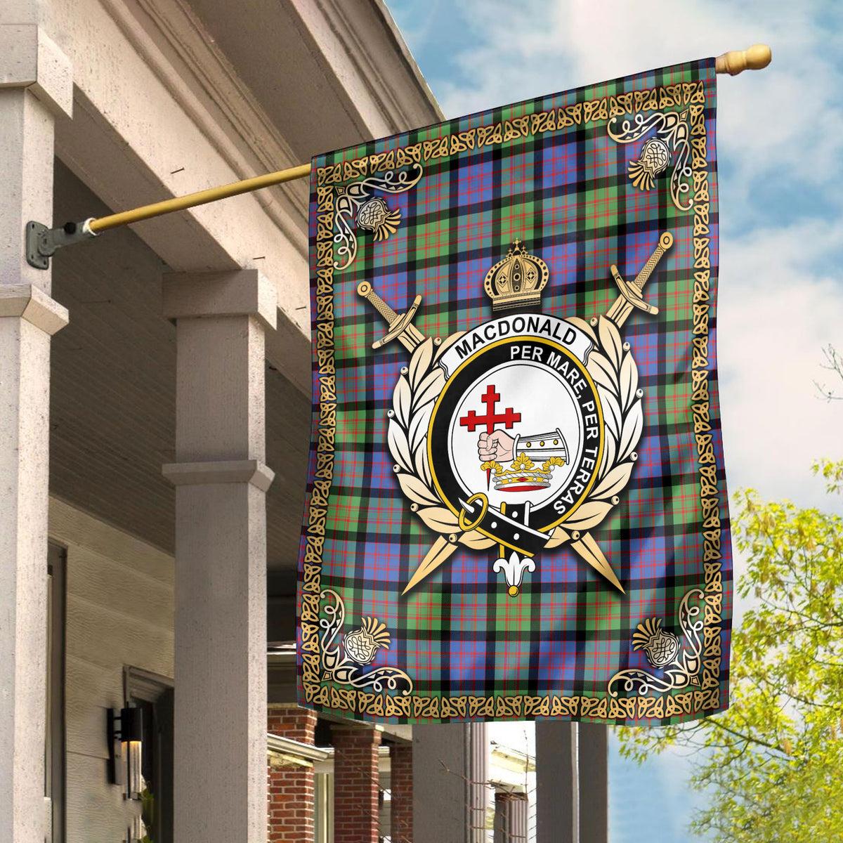 MacDonald Ancient Tartan Crest Garden Flag - Celtic Thistle Style