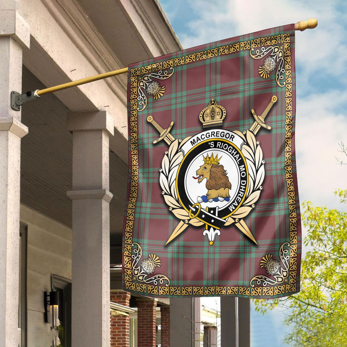 MacGregor Hunting Ancient Tartan Crest Garden Flag - Celtic Thistle Style