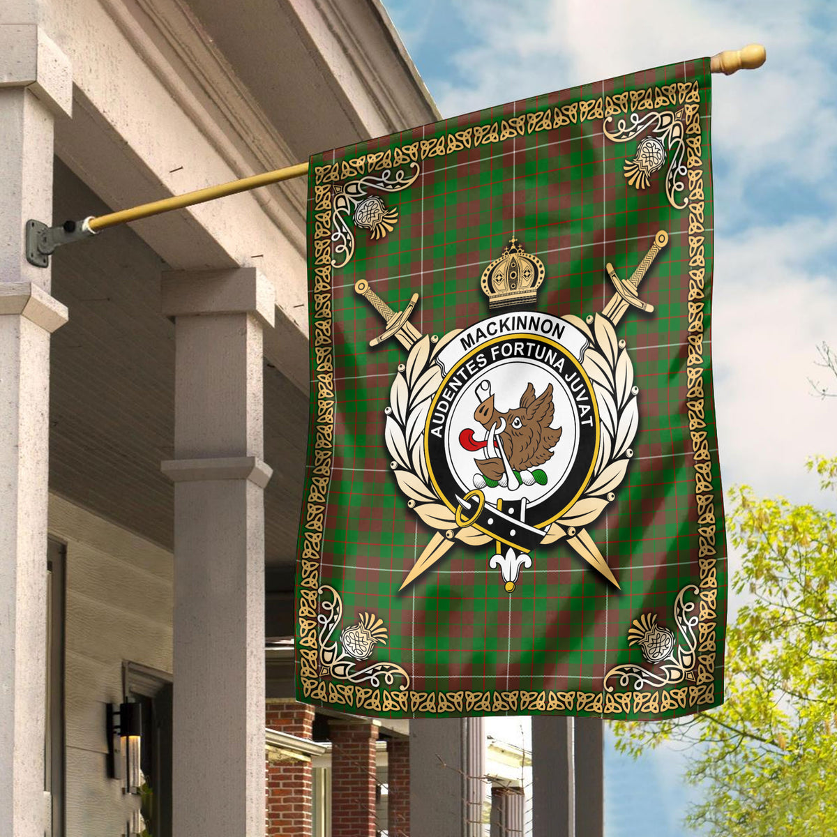 MacKinnon Hunting Modern Tartan Crest Garden Flag - Celtic Thistle Style