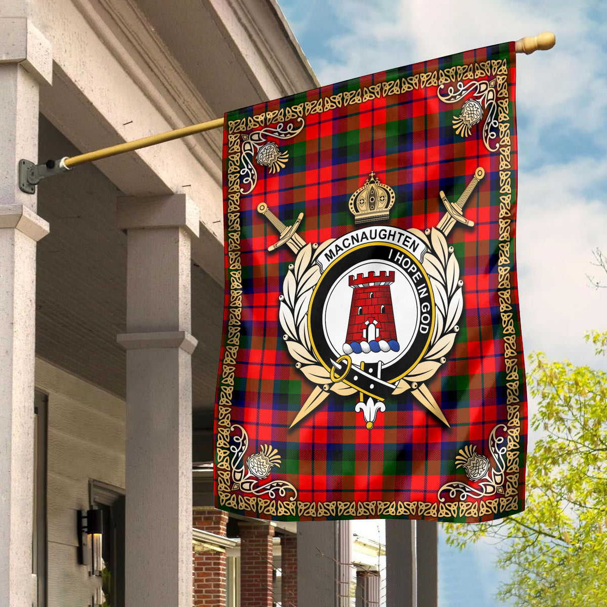 MacNaughten Tartan Crest Garden Flag - Celtic Thistle Style