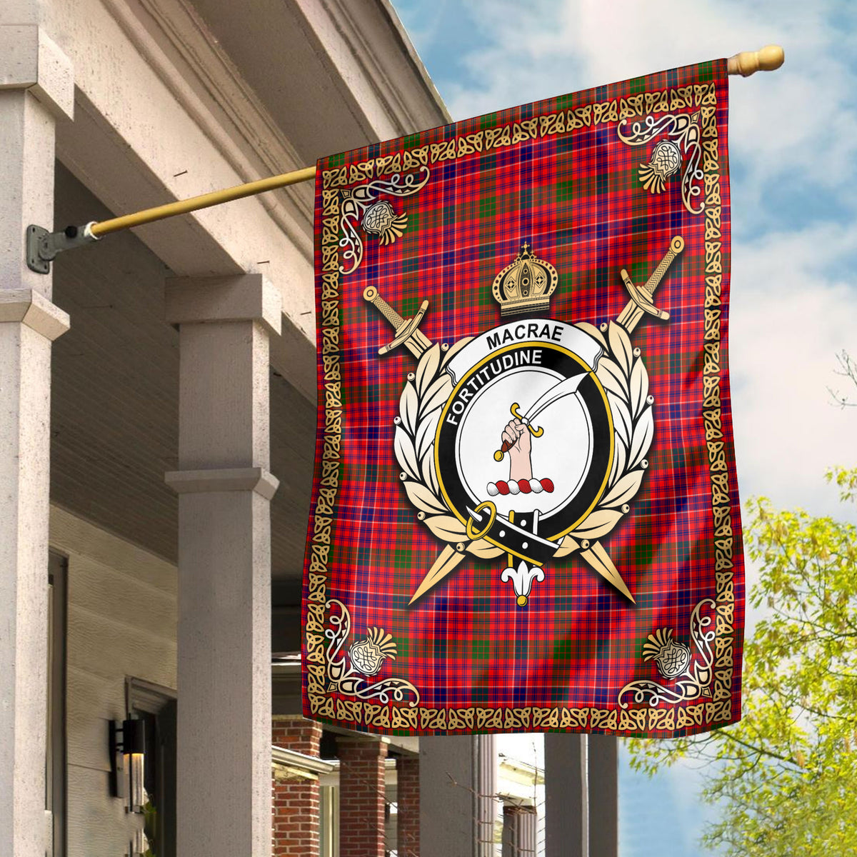 MacRae Modern Tartan Crest Garden Flag - Celtic Thistle Style