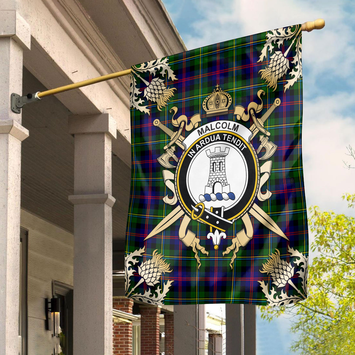 Malcolm Tartan Crest Black Garden Flag - Gold Thistle Style