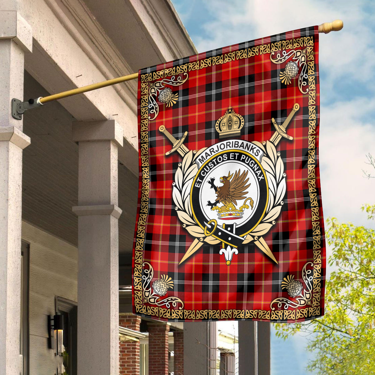 Marjoribanks Tartan Crest Garden Flag - Celtic Thistle Style