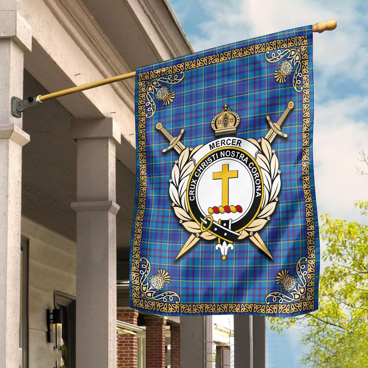 Mercer Modern Tartan Crest Garden Flag - Celtic Thistle Style