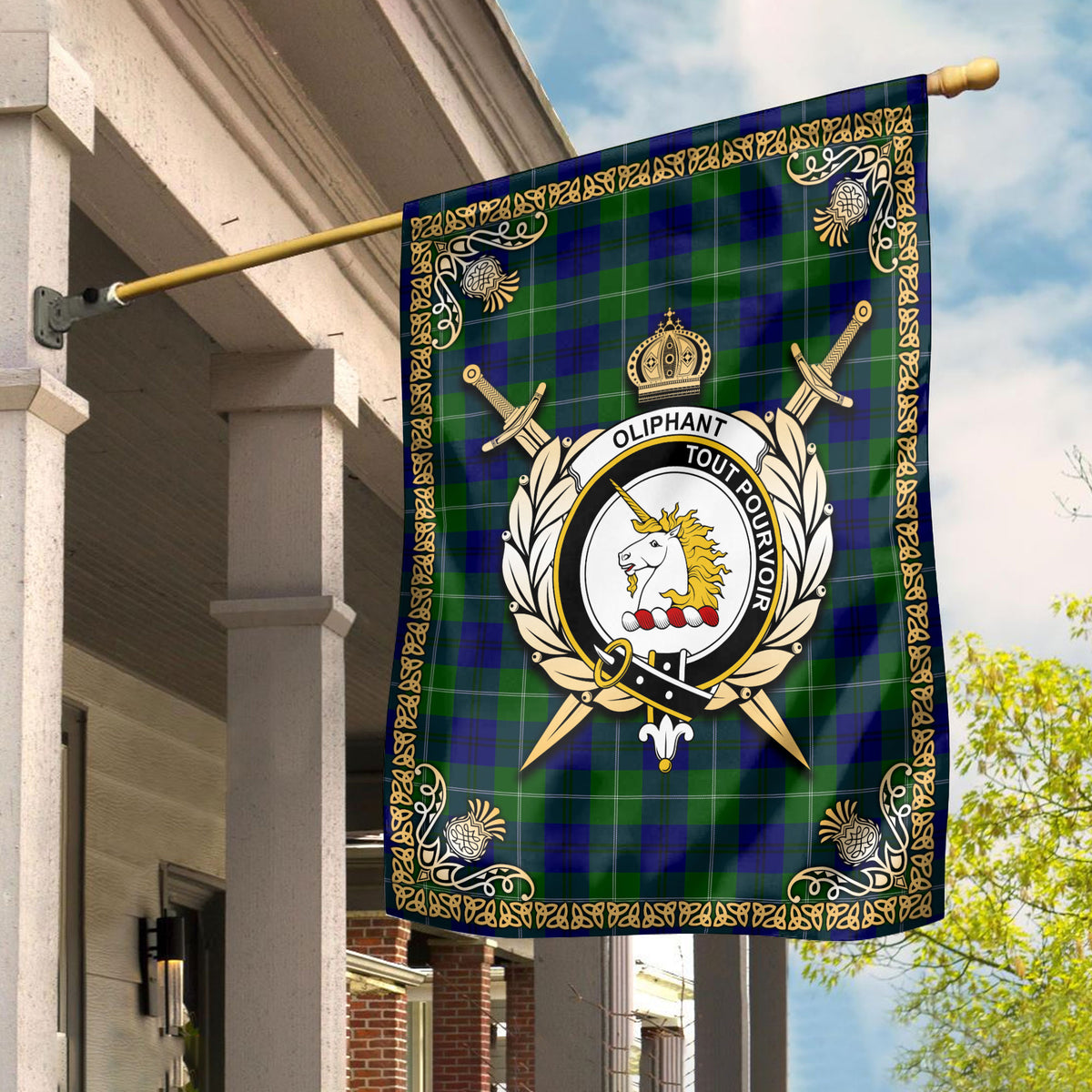 Oliphant Modern Tartan Crest Garden Flag - Celtic Thistle Style