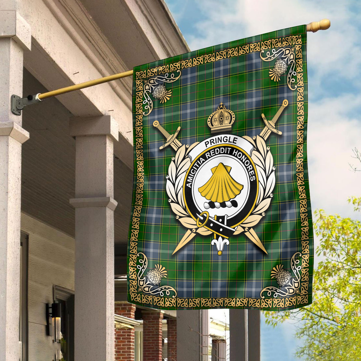 Pringle Tartan Crest Garden Flag - Celtic Thistle Style