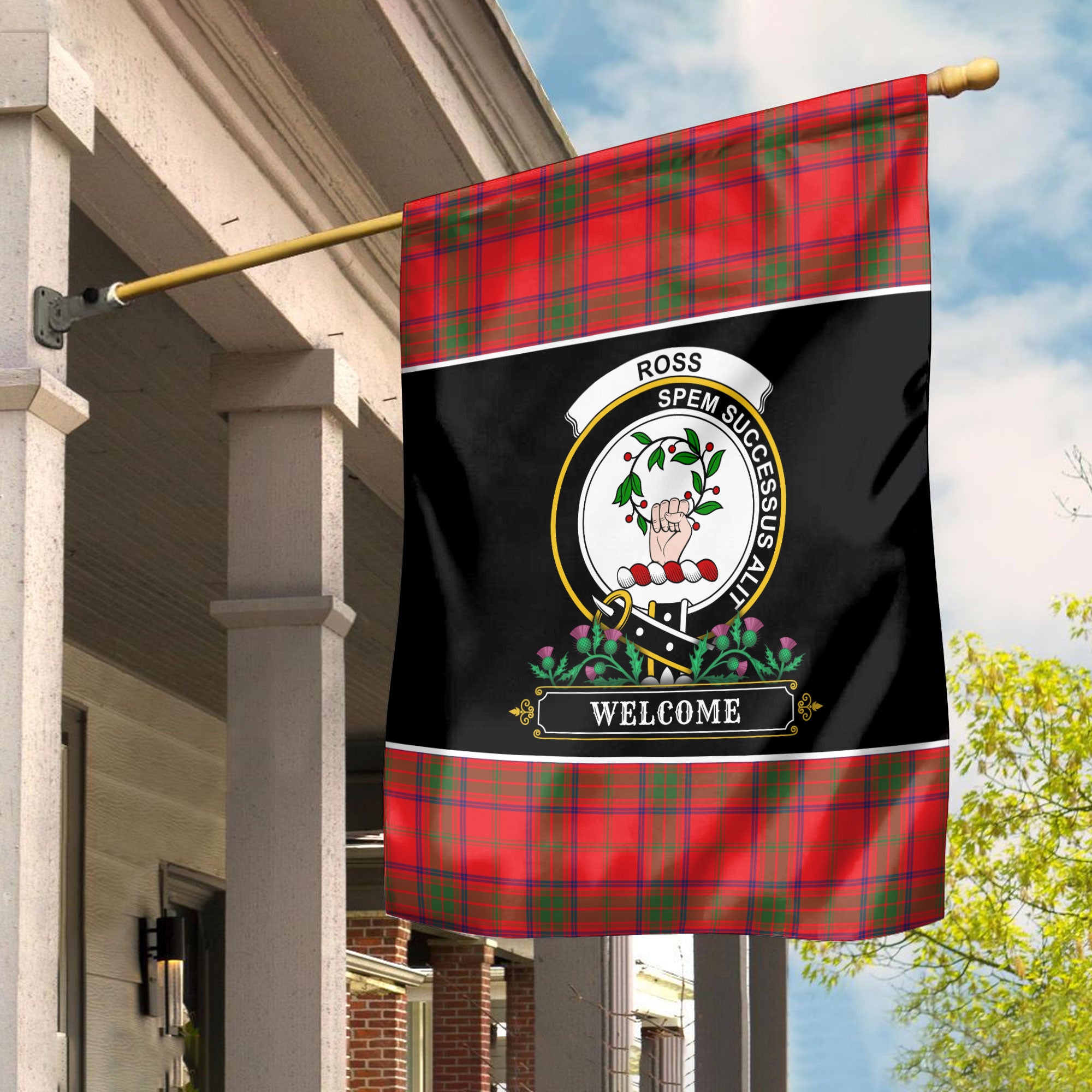 Ross Modern Tartan Crest Garden Flag - Welcome Style