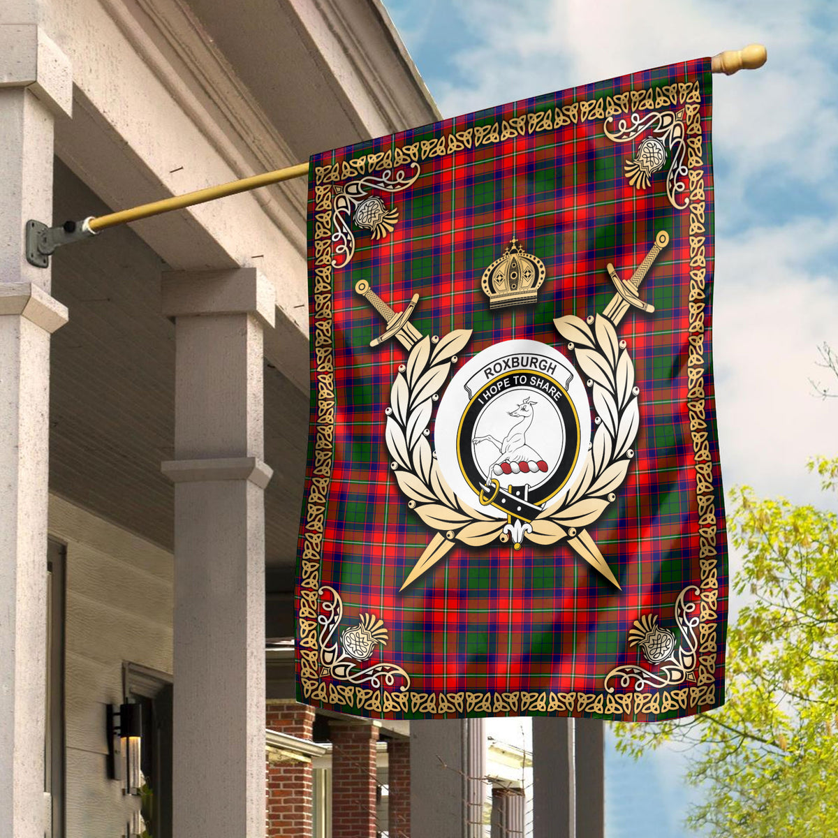 Roxburgh District Tartan Crest Garden Flag - Celtic Thistle Style