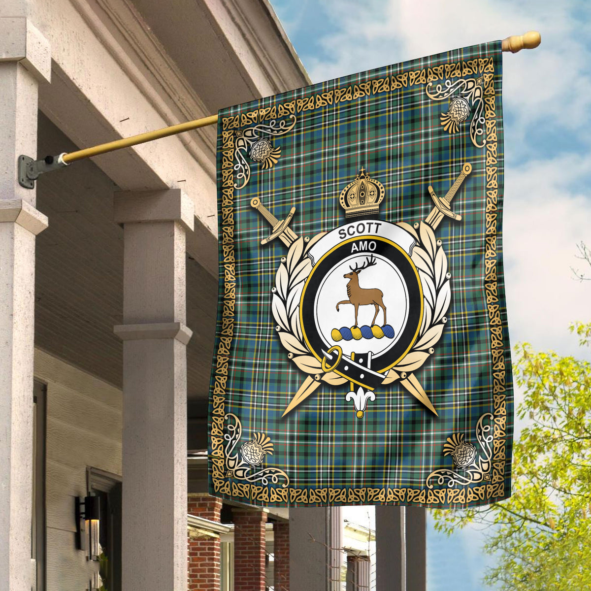 Scott Green Ancient Tartan Crest Garden Flag - Celtic Thistle Style