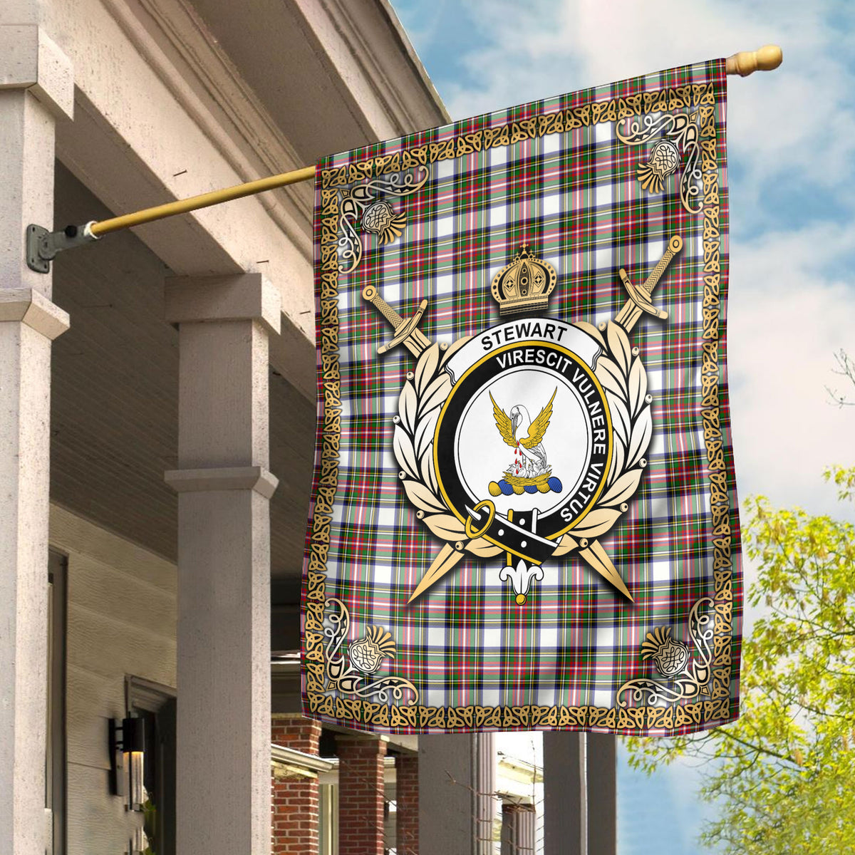 Stewart Dress Modern Tartan Crest Garden Flag - Celtic Thistle Style