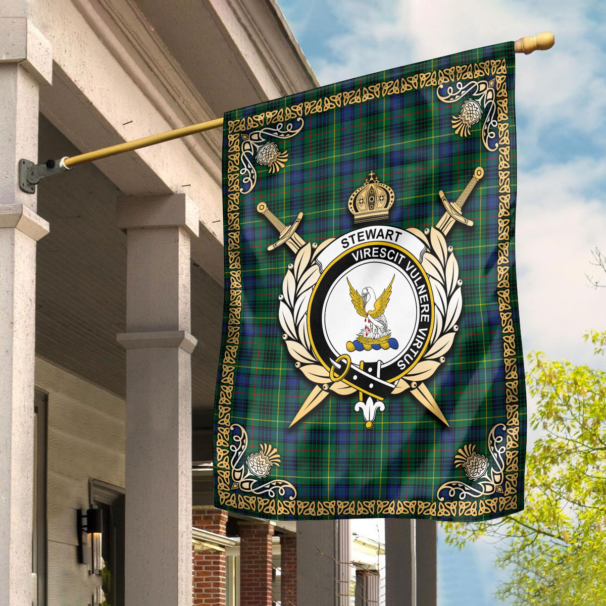 Stewart Hunting Modern Tartan Crest Garden Flag - Celtic Thistle Style