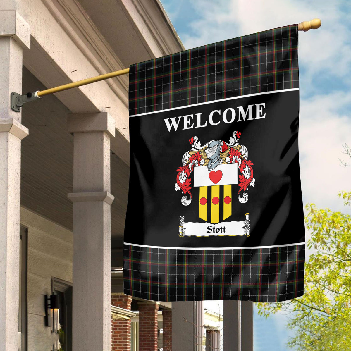 Stott Tartan Crest Black Garden Flag