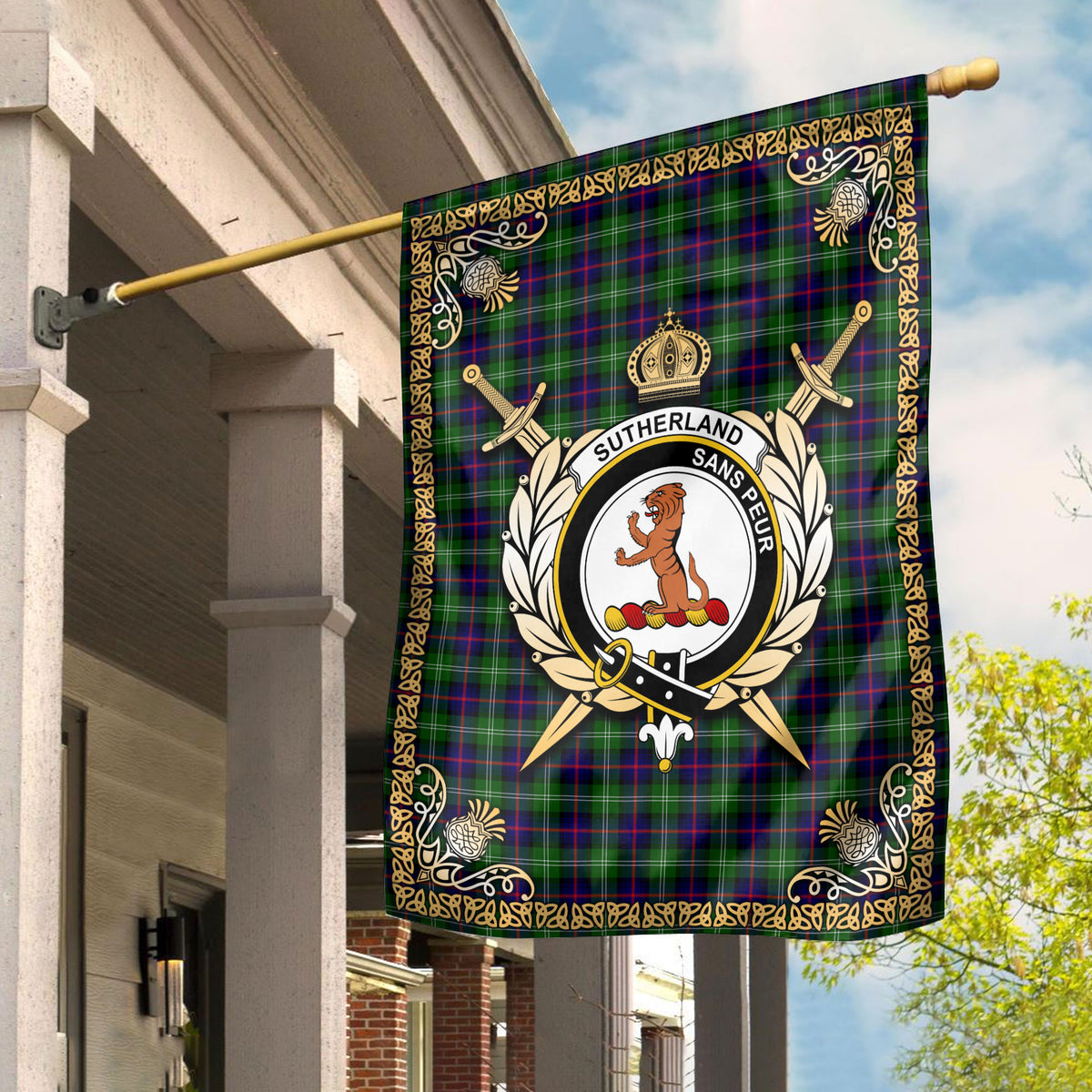 Sutherland Modern Tartan Crest Garden Flag - Celtic Thistle Style