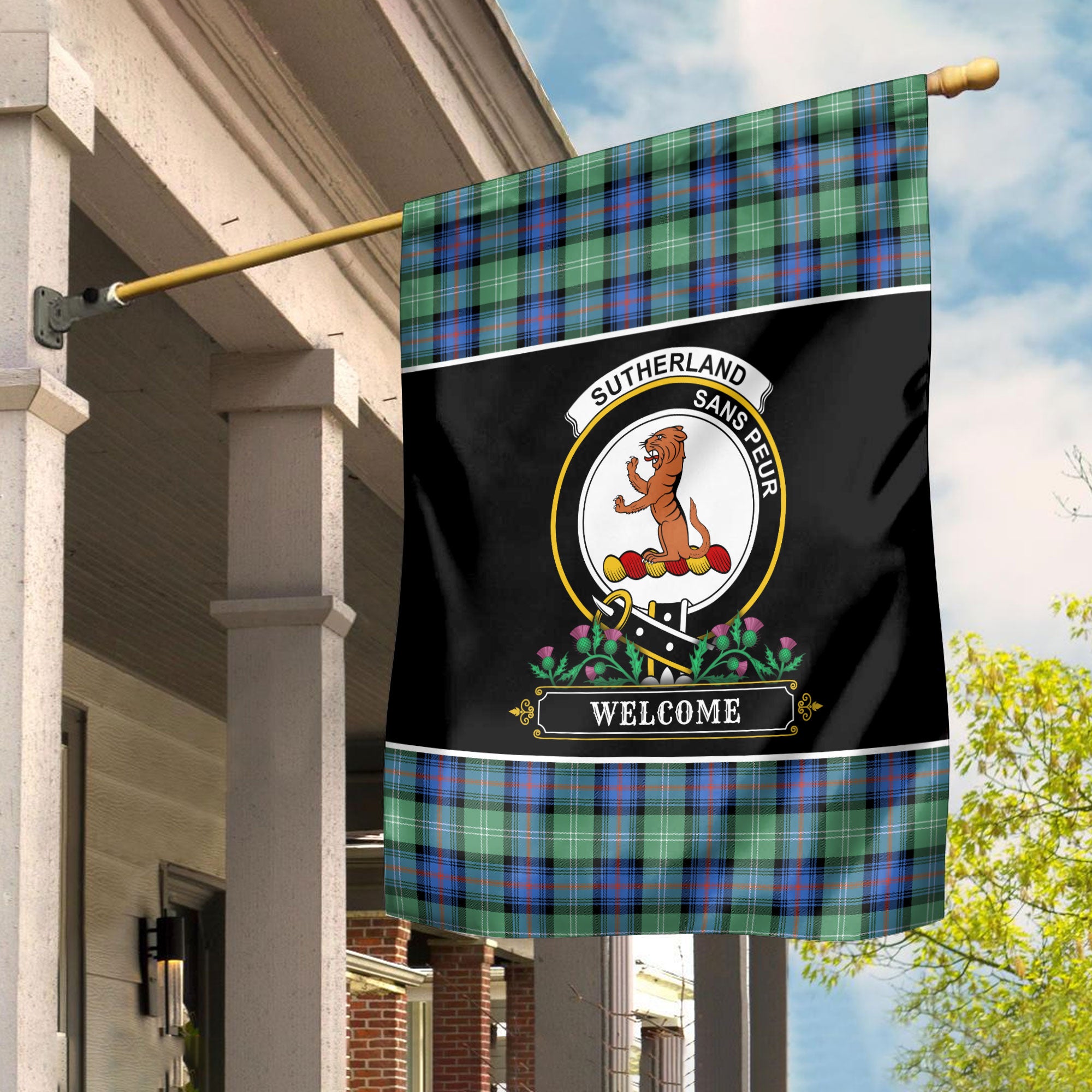 Sutherland Old Ancient Tartan Crest Garden Flag - Welcome Style