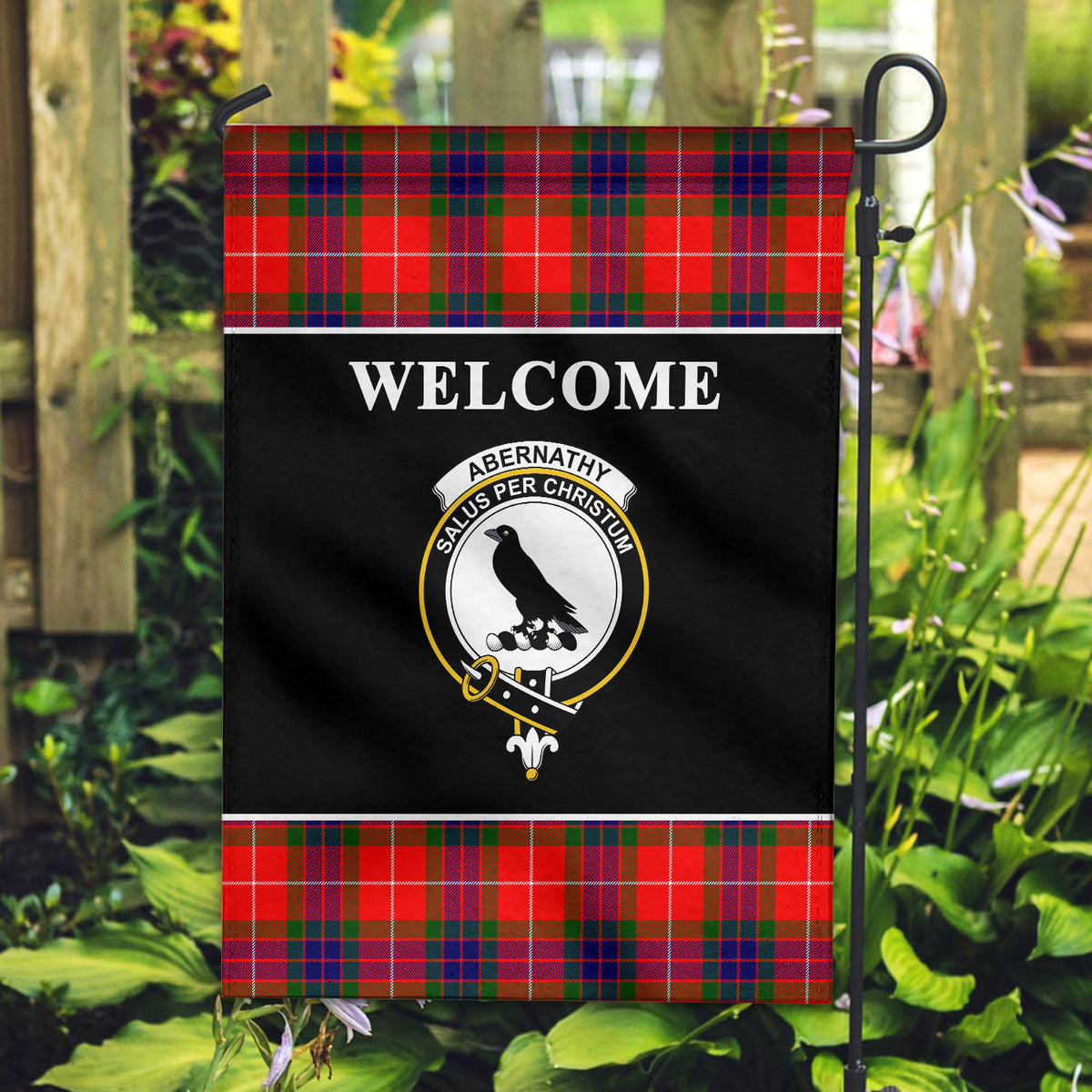 Abernathy Tartan Crest Black Garden Flag