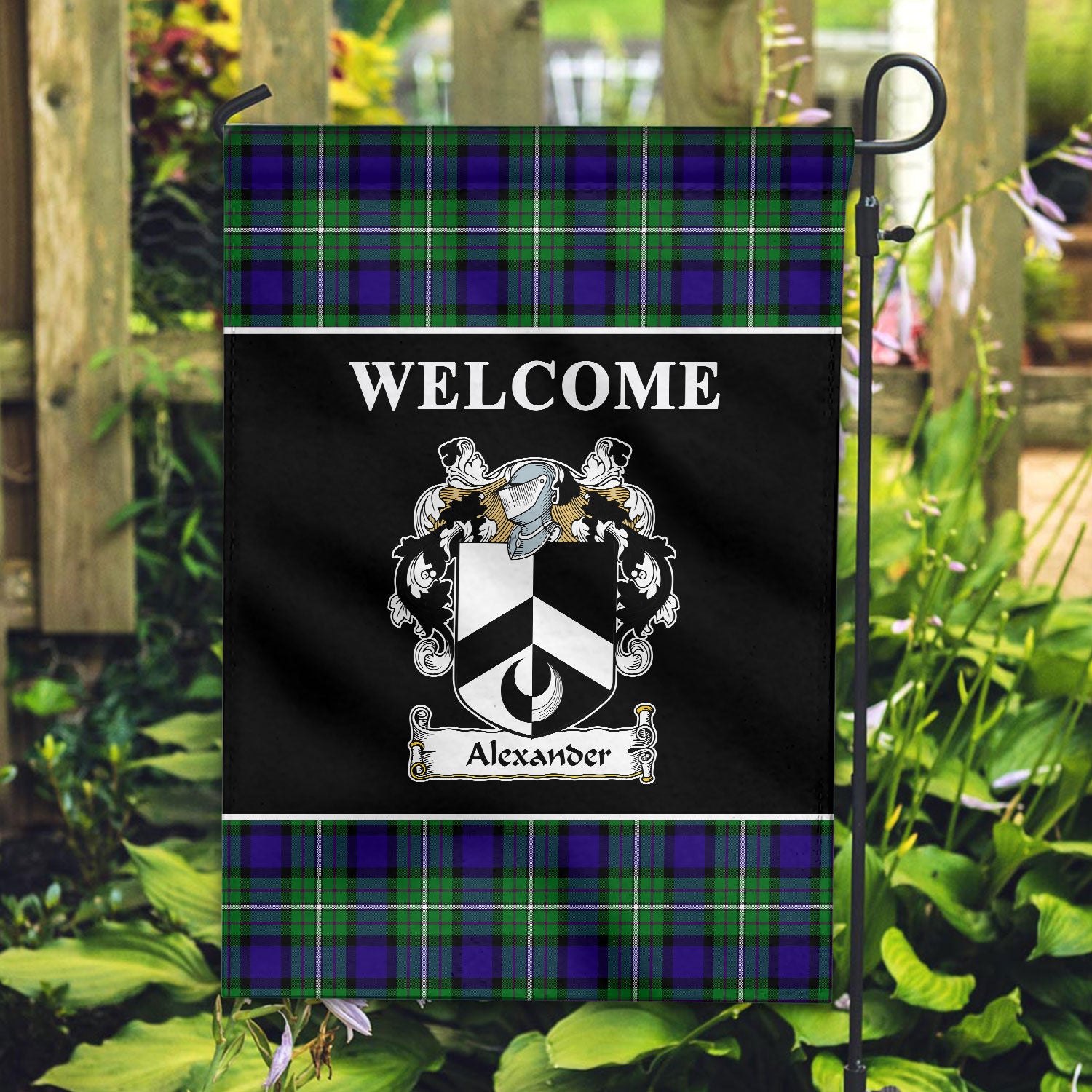 Alexander Tartan Crest Black Garden Flag