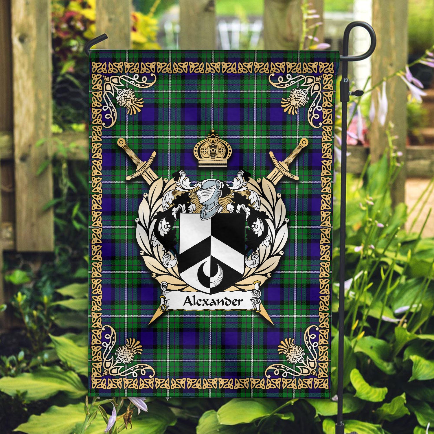 Alexander Tartan Crest Garden Flag - Celtic Thistle Style