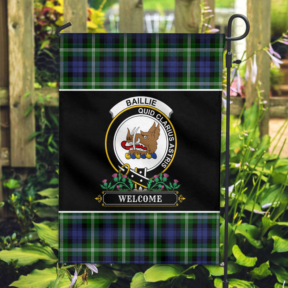 Baillie Modern Tartan Crest Garden Flag - Welcome Style