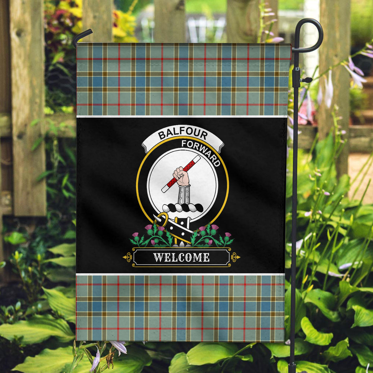 Balfour Blue Tartan Crest Garden Flag - Welcome Style