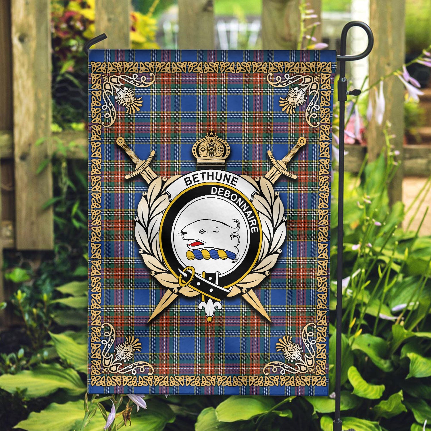 Bethune Ancient Tartan Crest Garden Flag - Celtic Thistle Style